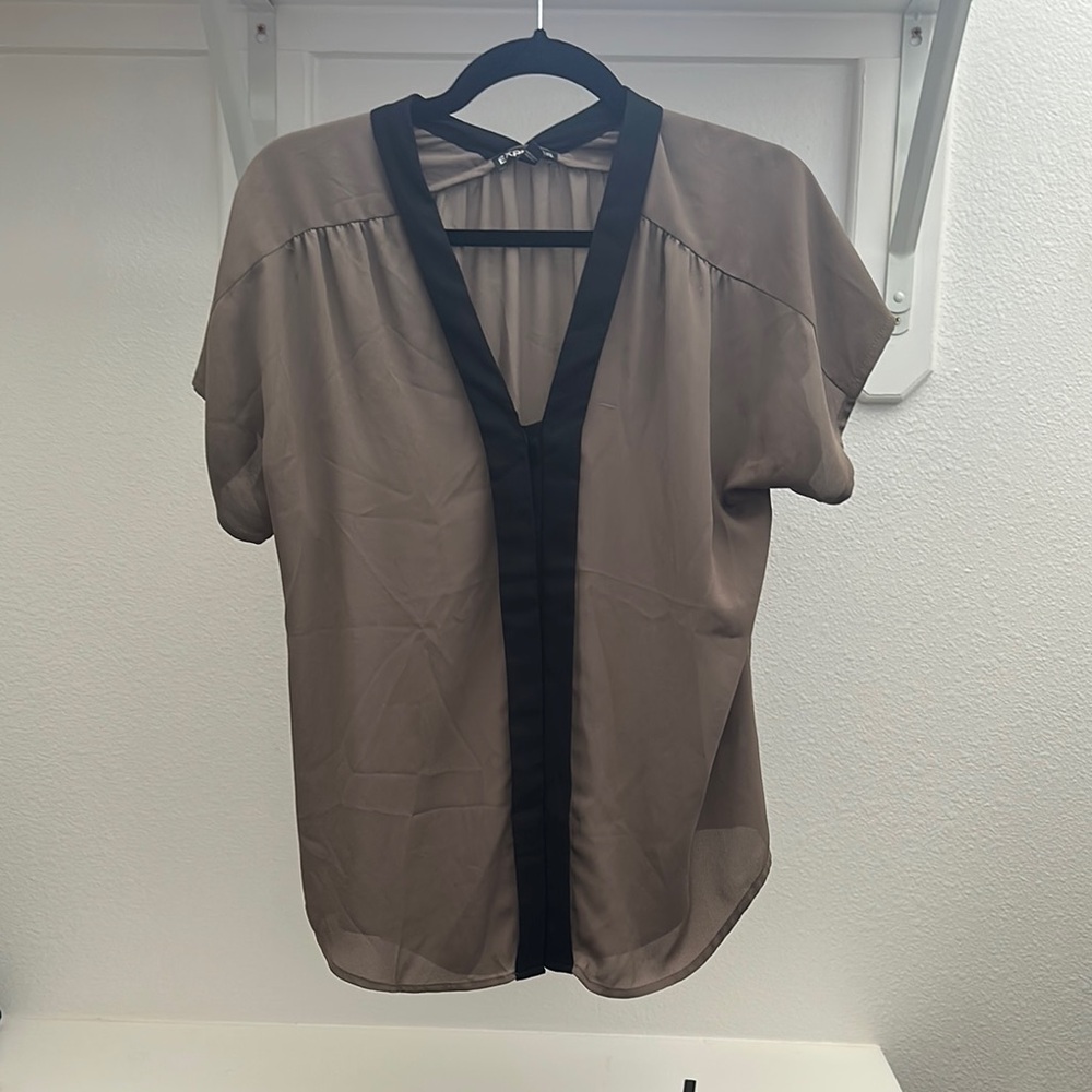 Express Taupe Blouse with Black Trim